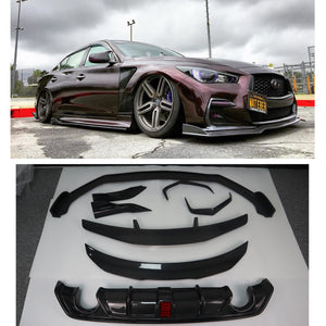 Q60 carbon fiber front lip, side skirts, rear diffuser, c blade, spoiler